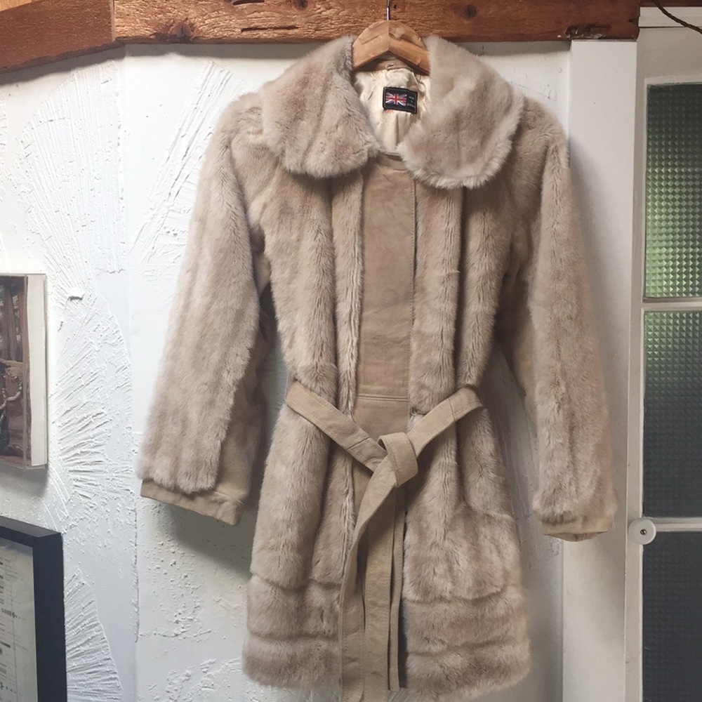 Vintage blonde belted faux fur coat